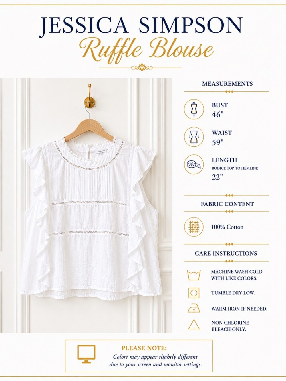 Jessica Simpson White Ruffle Blouse XL | 100% Cotton Flutter Sleeve Lace Trim - Picture 4 of 8